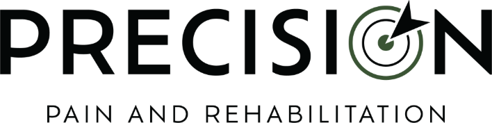 Precision Pain and Rehabilitation logo — the word PRECISION with a bullseye and dart in place of the letter O